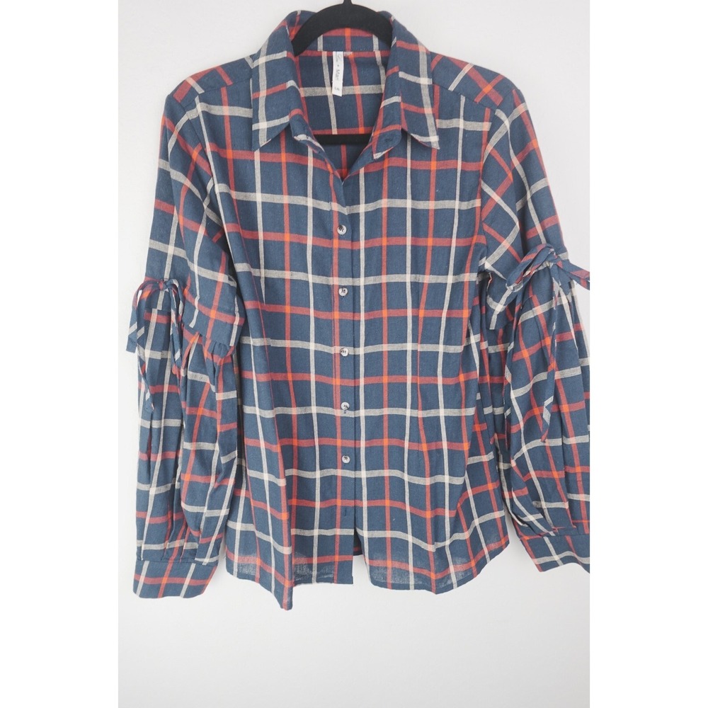 Lori‎ + Mari Flannel Button Up Shirt Sz Large Blue Red Plaid Layered Sleeve Tie